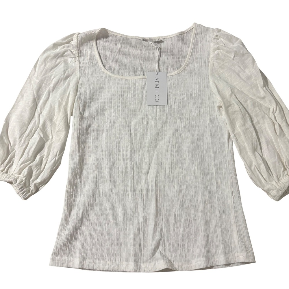 AEMI + CO White Textured Square Neck Puff Sleeve Top Medium NWT Lightweight